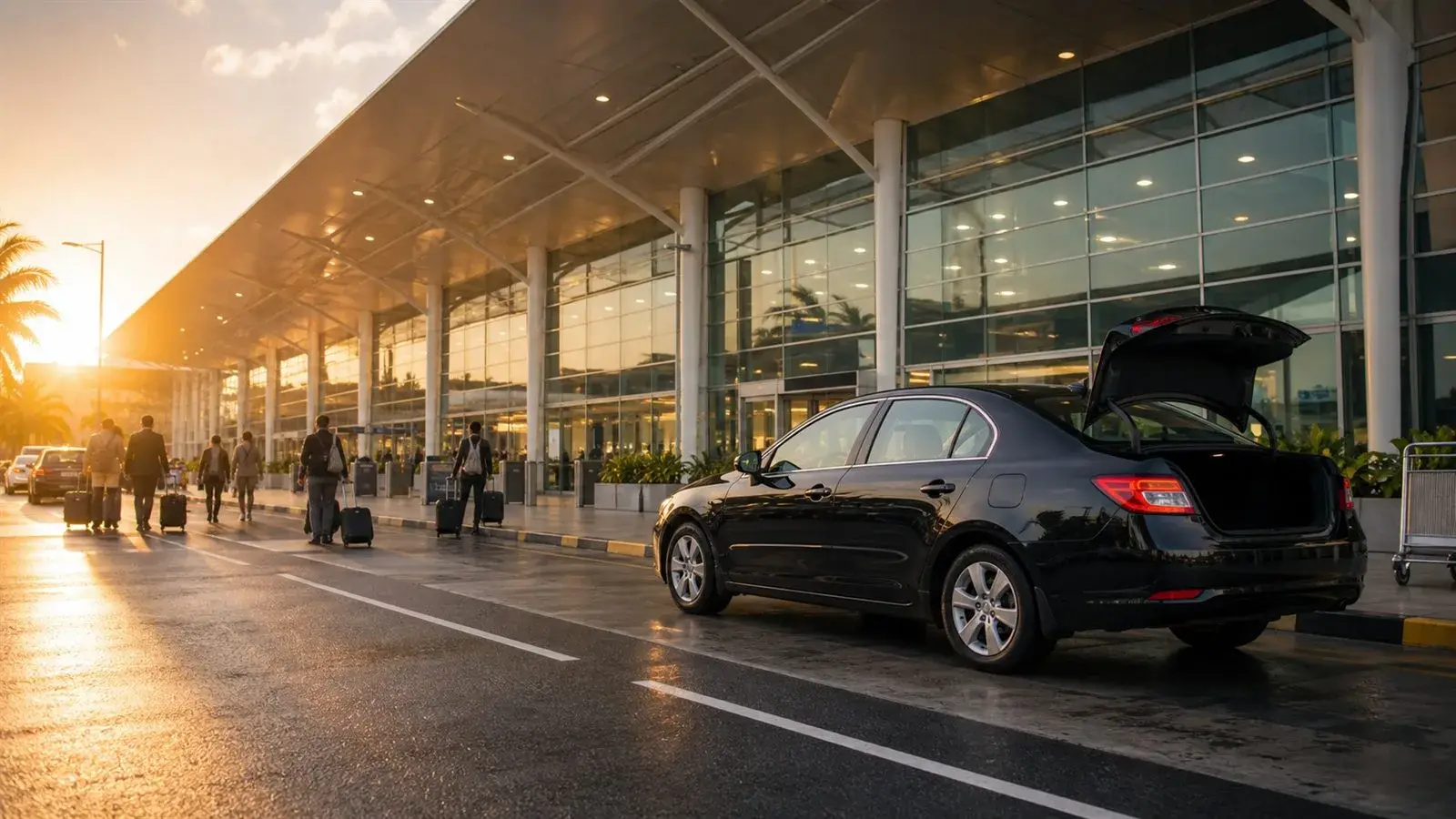 Airport transfer taxi waiting outside an arrivals terminal