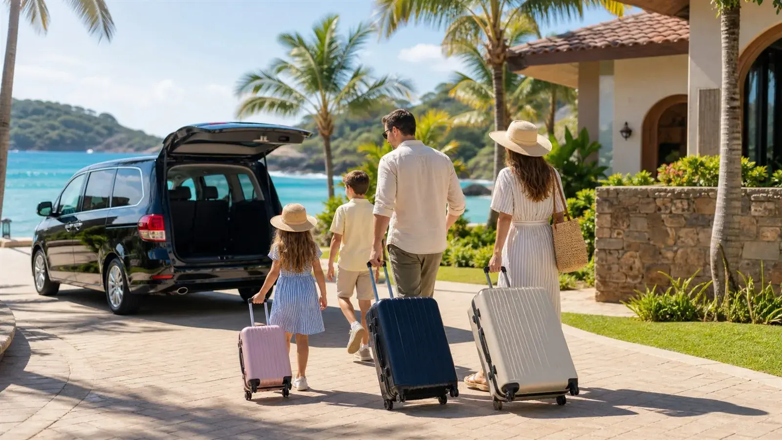 Family travellers walking toward a resort transfer taxi