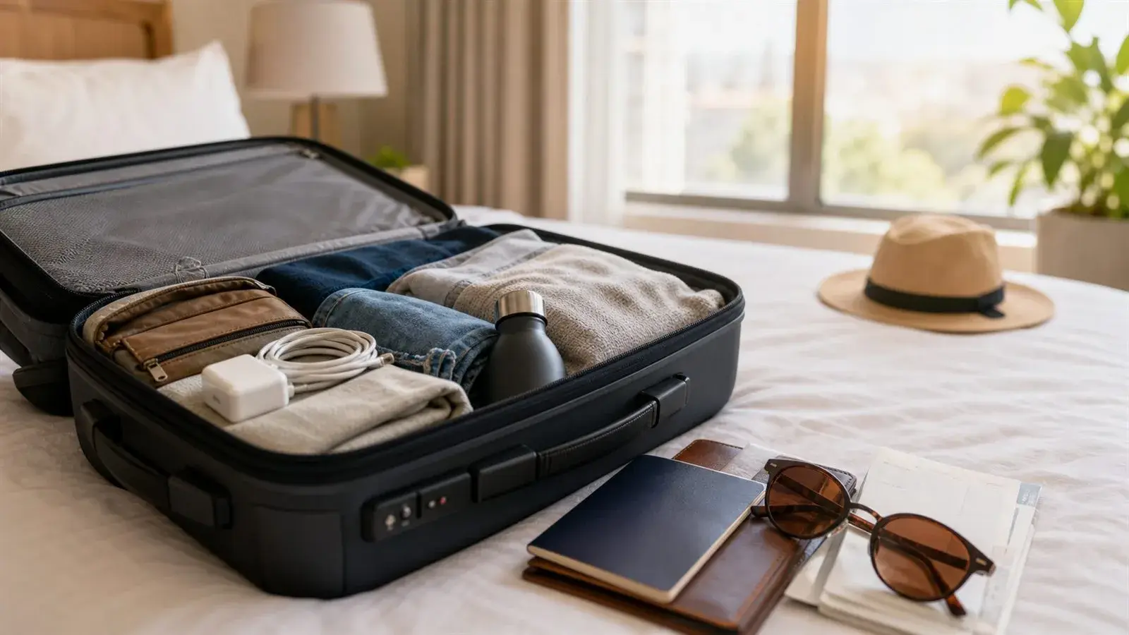 Hand luggage packed with travel documents and arrival essentials