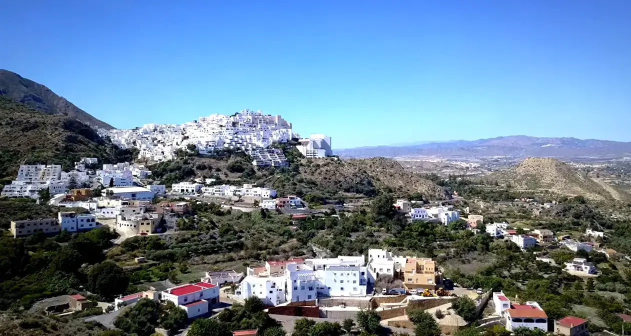 The scenic historic whitewashed hilltop village of Mojacar resort, a popular holiday destination reached via private taxi services from Alicante airport.