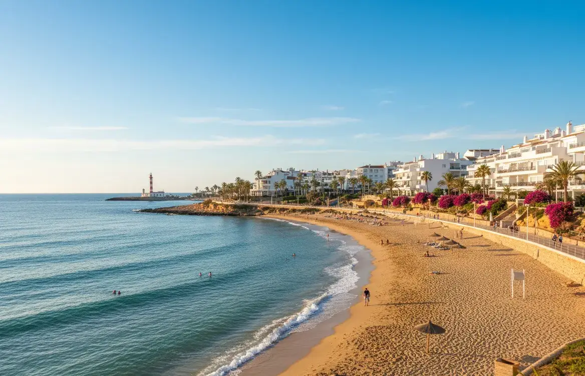 The scenic promenade and beach at Punta Prima resort, a popular holiday destination reached via private taxi services from Alicante airport.