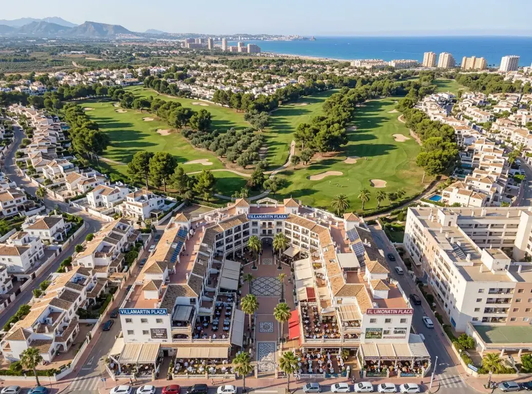 The vibrant Villamartin Plaza or golf course greens, a highly popular destination reached via private taxi services from Alicante airport.