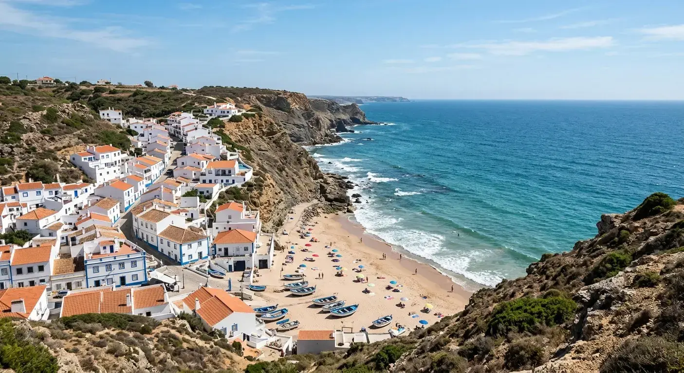 Book cheap-taxis.com private transfers from Faro Airport to Burgau, a scenic whitewashed fishing village resort with a sheltered sandy beach cove