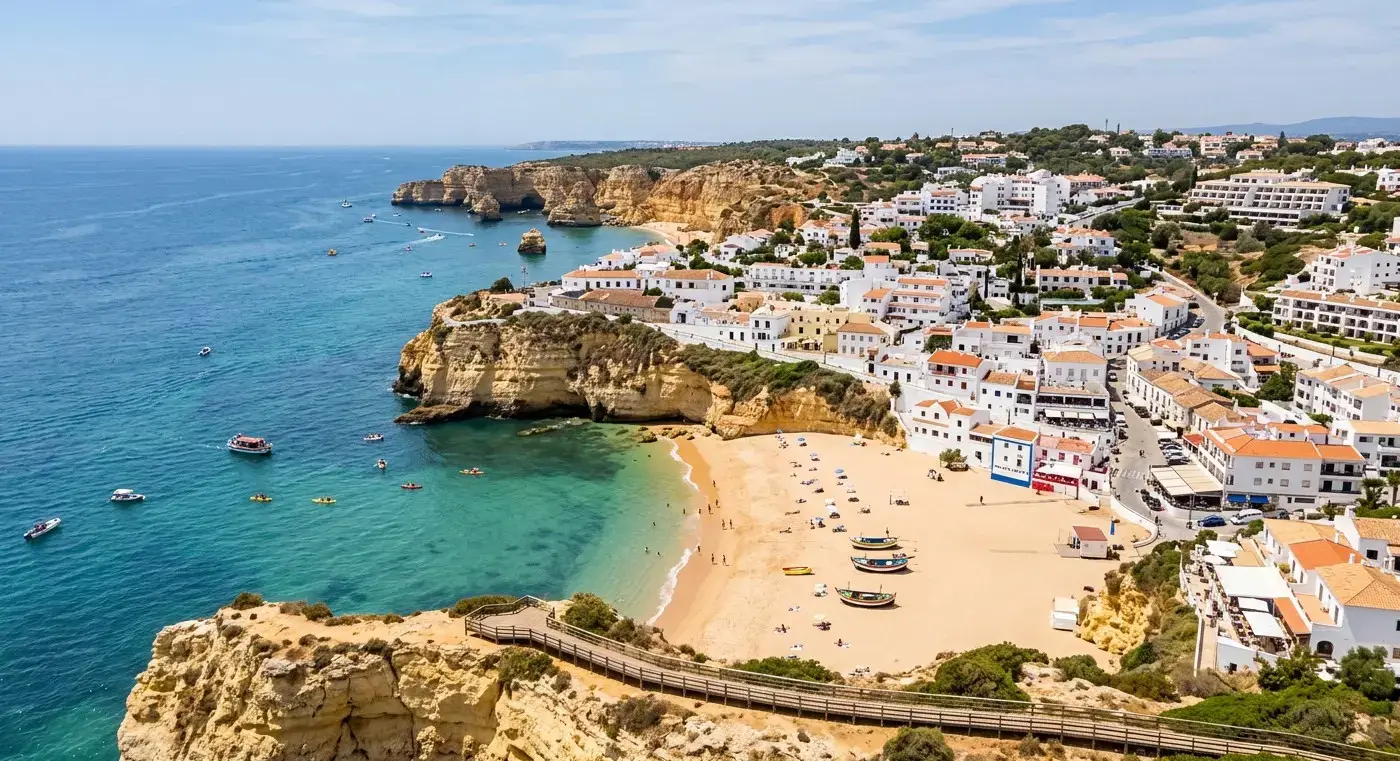 Book cheap-taxis.com private transfers from Faro Airport to Carvoeiro, a picturesque cliffside resort town famous for its traditional golden beach cove.