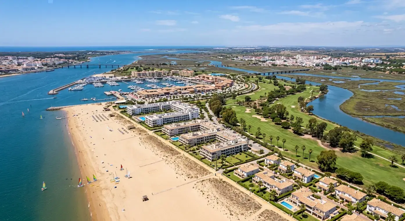 Book cheap-taxis.com private transfers from Faro Airport to Isla Canela, a stunning Spanish island resort famous for its pristine natural marshes and endless golden sands.