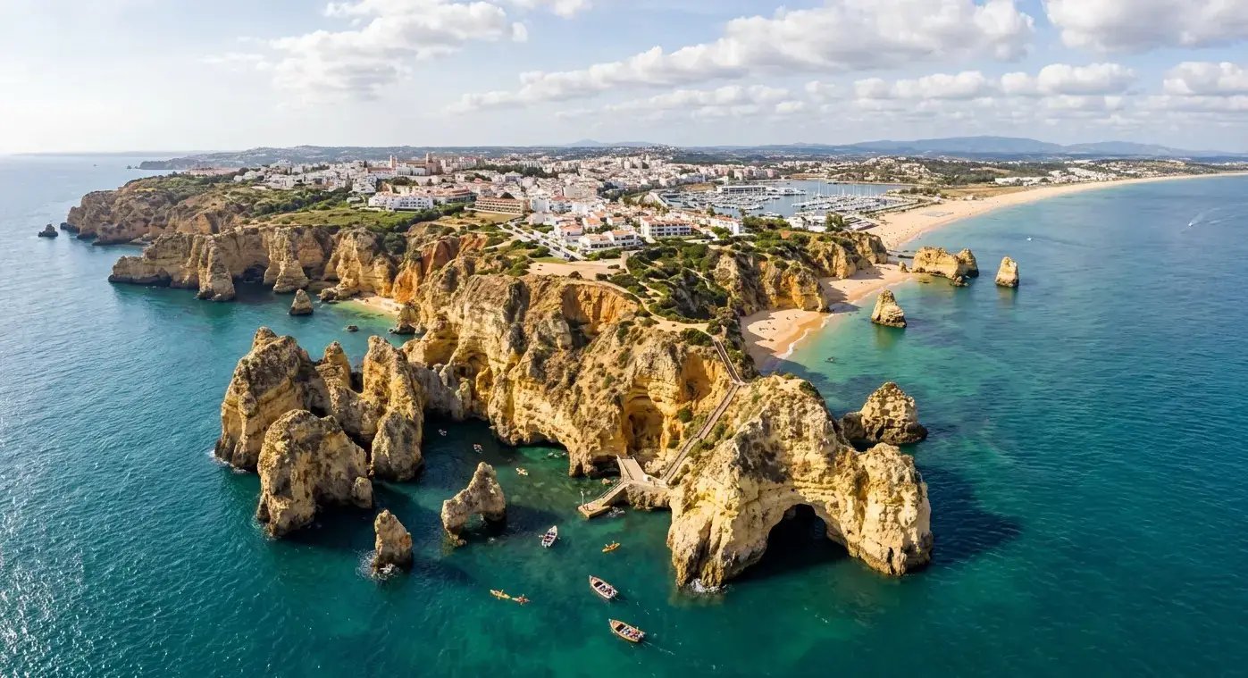 Book cheap-taxis.com private transfers from Faro Airport to Lagos, a historic Algarve resort famous for its dramatic sea caves, walled old town, and lively marina.