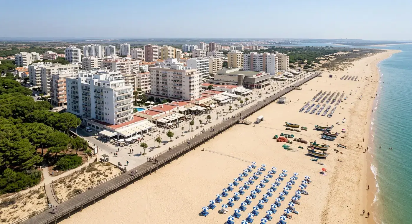 Book cheap-taxis.com private transfers from Faro Airport to Monte Gordo, a popular eastern Algarve resort famous for its expansive flat golden beach, warm waters, and lively casino.