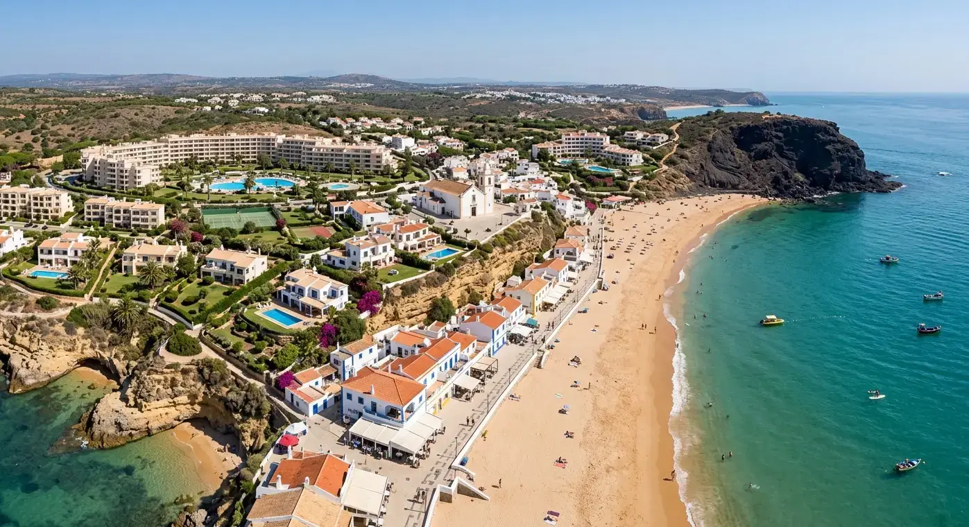 Book cheap-taxis.com private transfers from Faro Airport to Praia da Luz, a stunning bay resort famous for its iconic black rock cliff and wide sandy beach.