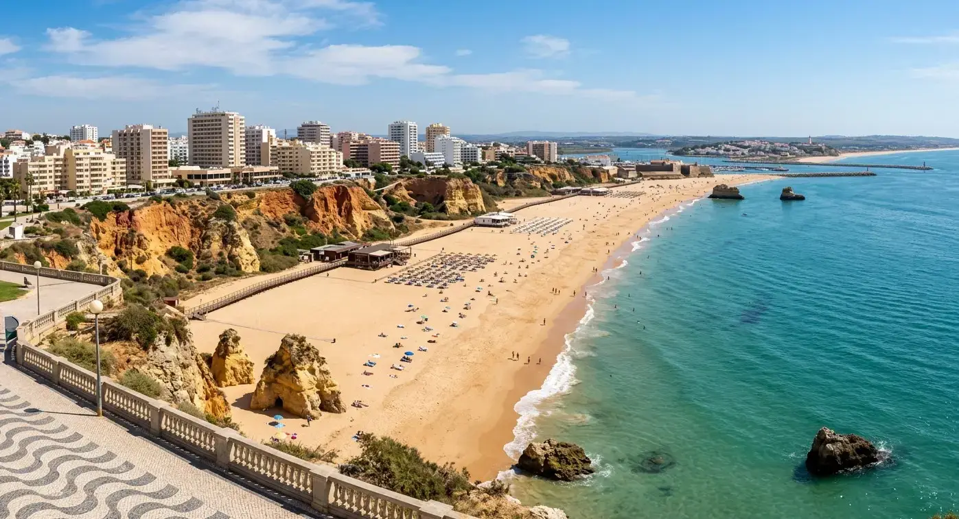Book cheap-taxis.com private transfers from Faro Airport to Praia Da Rocha, a lively coastal resort famous for its vast golden sands, dramatic ochre cliffs, and vibrant nightlife.