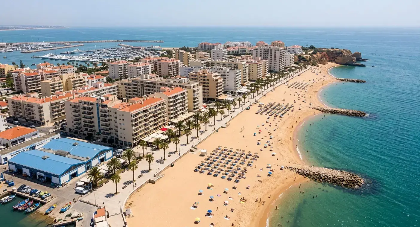 Book cheap-taxis.com private transfers from Faro Airport to Quarteira, a vibrant coastal resort famous for its palm-lined promenade and extensive golden sand beach.