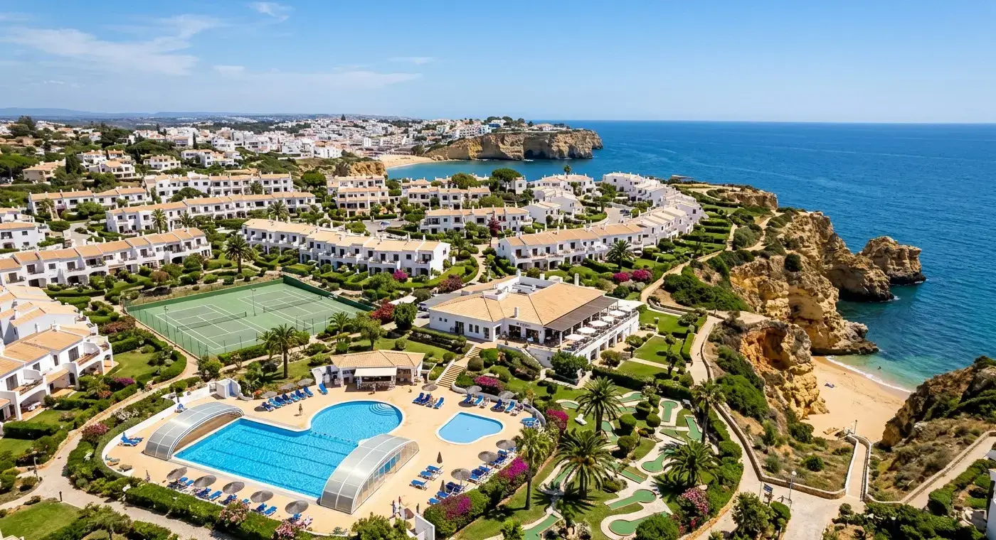 Book cheap-taxis.com private transfers from Faro Airport to Rocha Brava, a cliffside clifftop resort village famous for its stunning ocean views and proximity to Benagil Cave.
