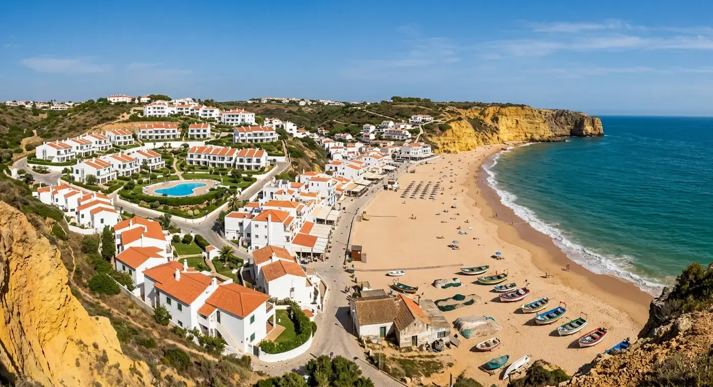 Book cheap-taxis.com private transfers from Faro Airport to Salema, an authentic, peaceful fishing village resort famous for its fossil-embedded cliffs and golden beach.