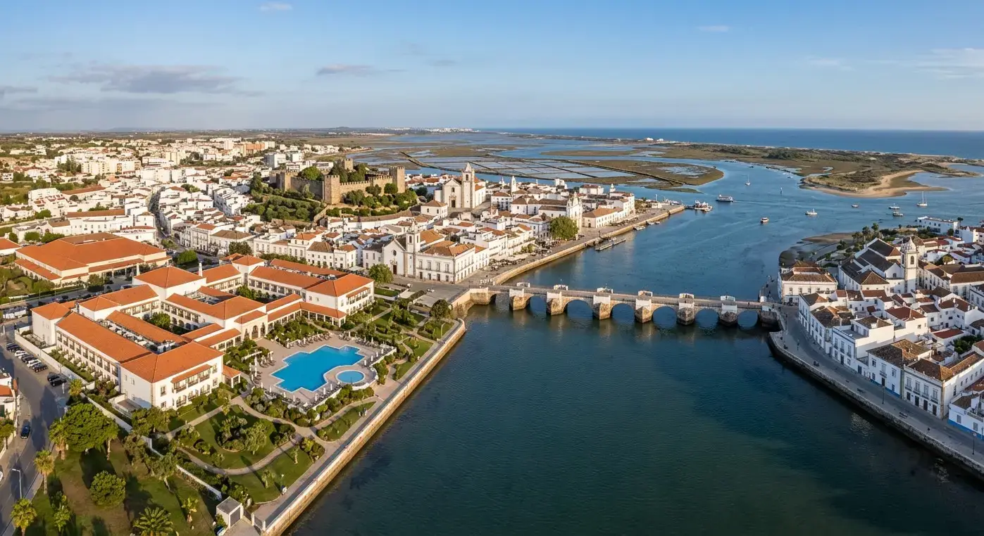 Book cheap-taxis.com private transfers from Faro Airport to Tavira, a historic riverside resort town famous for its Roman bridge, old charm, and pristine island beaches.