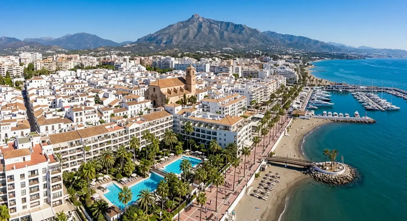 Book cheap-taxis.com private transfers from Malaga Airport to Marbella Centre, a glamorous resort downtown famous for its historic Orange Square, luxury boutiques, and golden beaches.