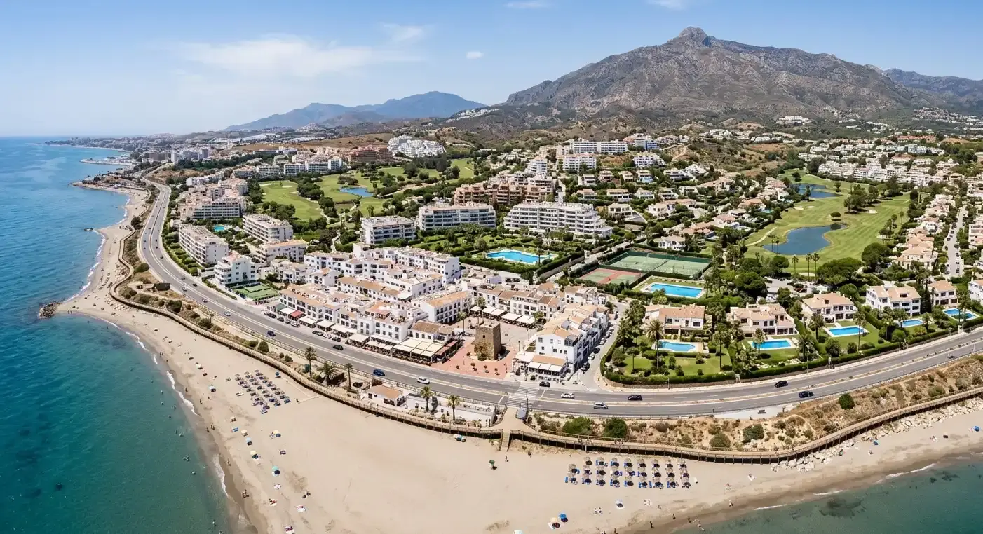 Book cheap-taxis.com private transfers from Malaga Airport to Mijas Costa, a diverse beachfront resort strip famous for its extensive sandy shores, golf courses, and lively seaside boardwalk.