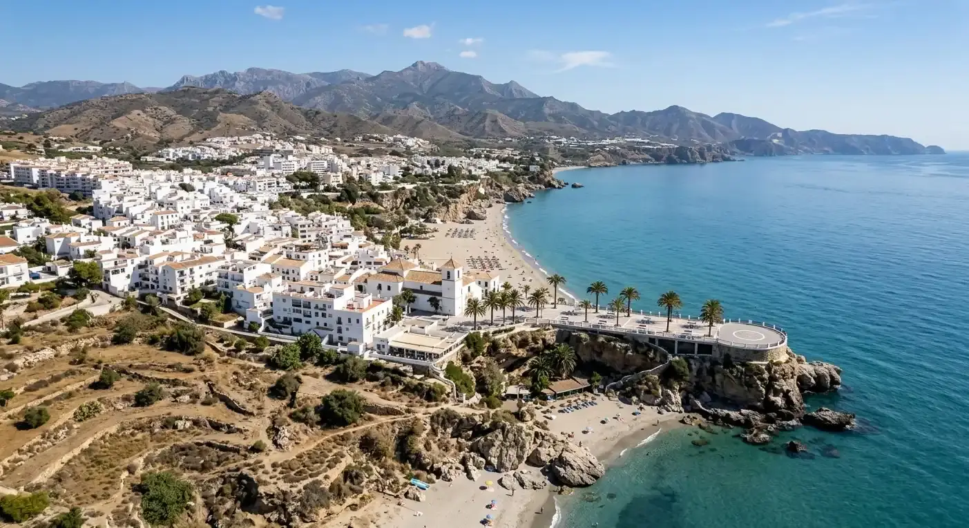 Book cheap-taxis.com private transfers from Malaga Airport to Nerja, a picturesque coastal resort town famous for its spectacular Balcon de Europa viewpoint and historic sea caves.