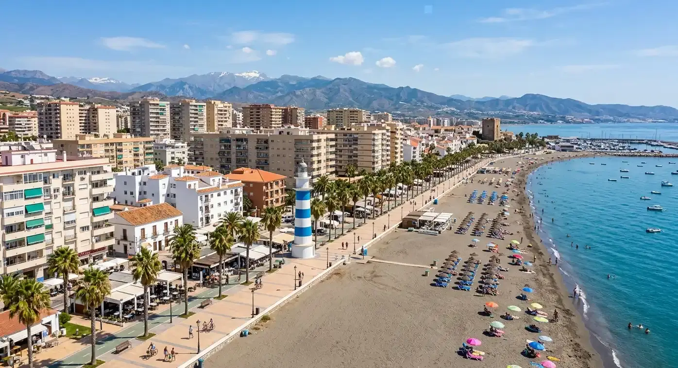 Book cheap-taxis.com private transfers from Malaga Airport to Torre Del Mar, a vibrant coastal resort town famous for its expansive sandy beach and long palm-lined promenade.