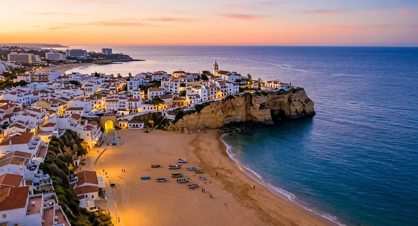 Golden limestone cliffs and historic whitewashed old town of the coastal resort of Albufeira for private taxi airport transfers from Faro Airport by cheap-taxis.com