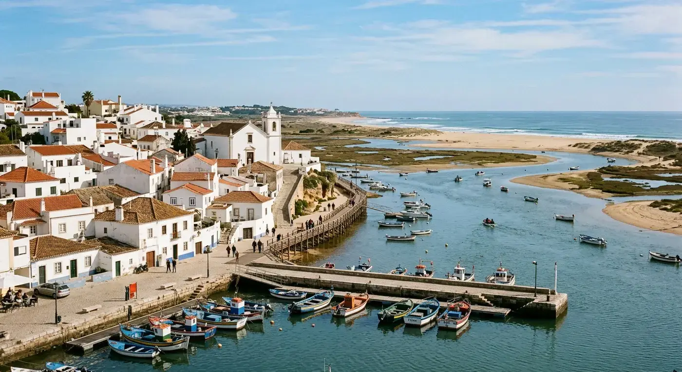 Scenic river estuary boardwalks and traditional fishing harbor of the coastal resort of Alvor for private taxi airport transfers from Faro Airport by cheap-taxis.com