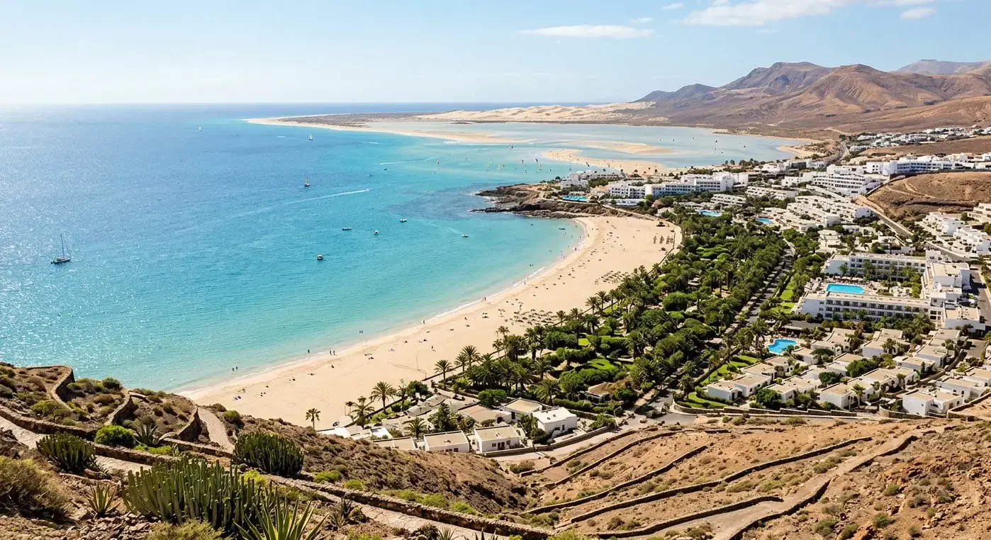 Sandy beach and resort area of Costa Calma in Fuerteventura for private taxi airport transfers
