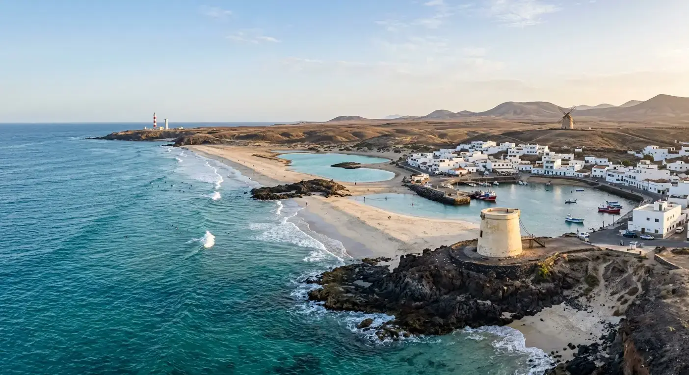 Coastal lagoon and beach area of El Cotillo in Fuerteventura for private taxi airport transfer