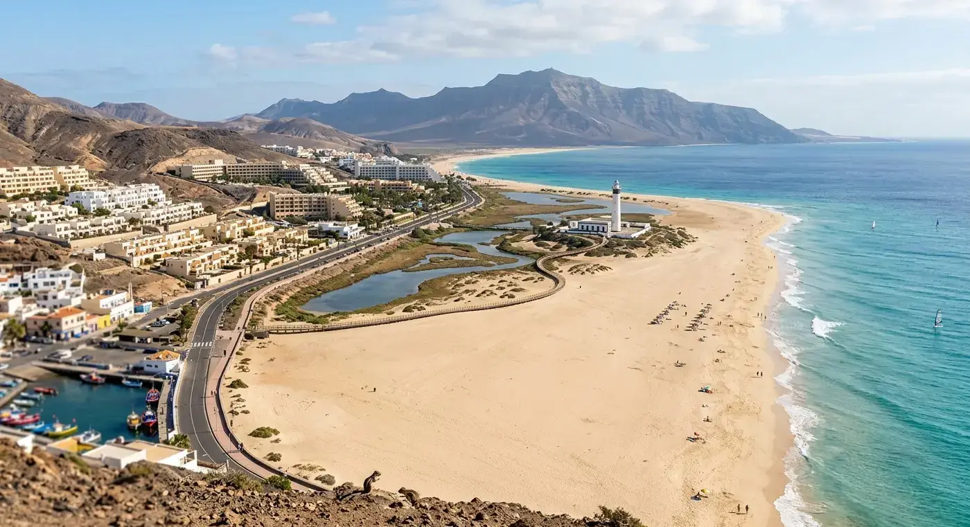 Expansive white sand beaches and resort area of Jandía in Fuerteventura for private taxi airport transfer bookings