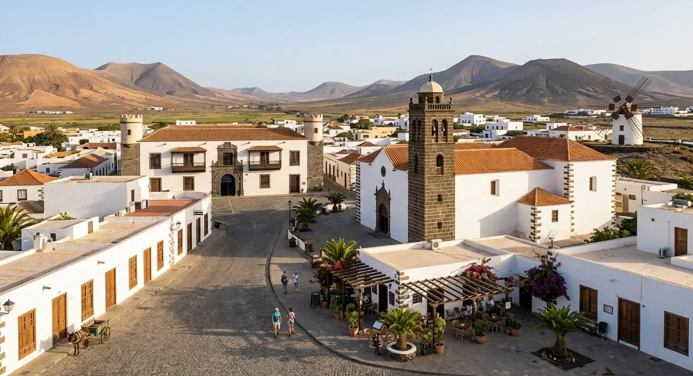 Traditional architecture and historic town area of La Oliva in Fuerteventura for private taxi airport transfer bookings