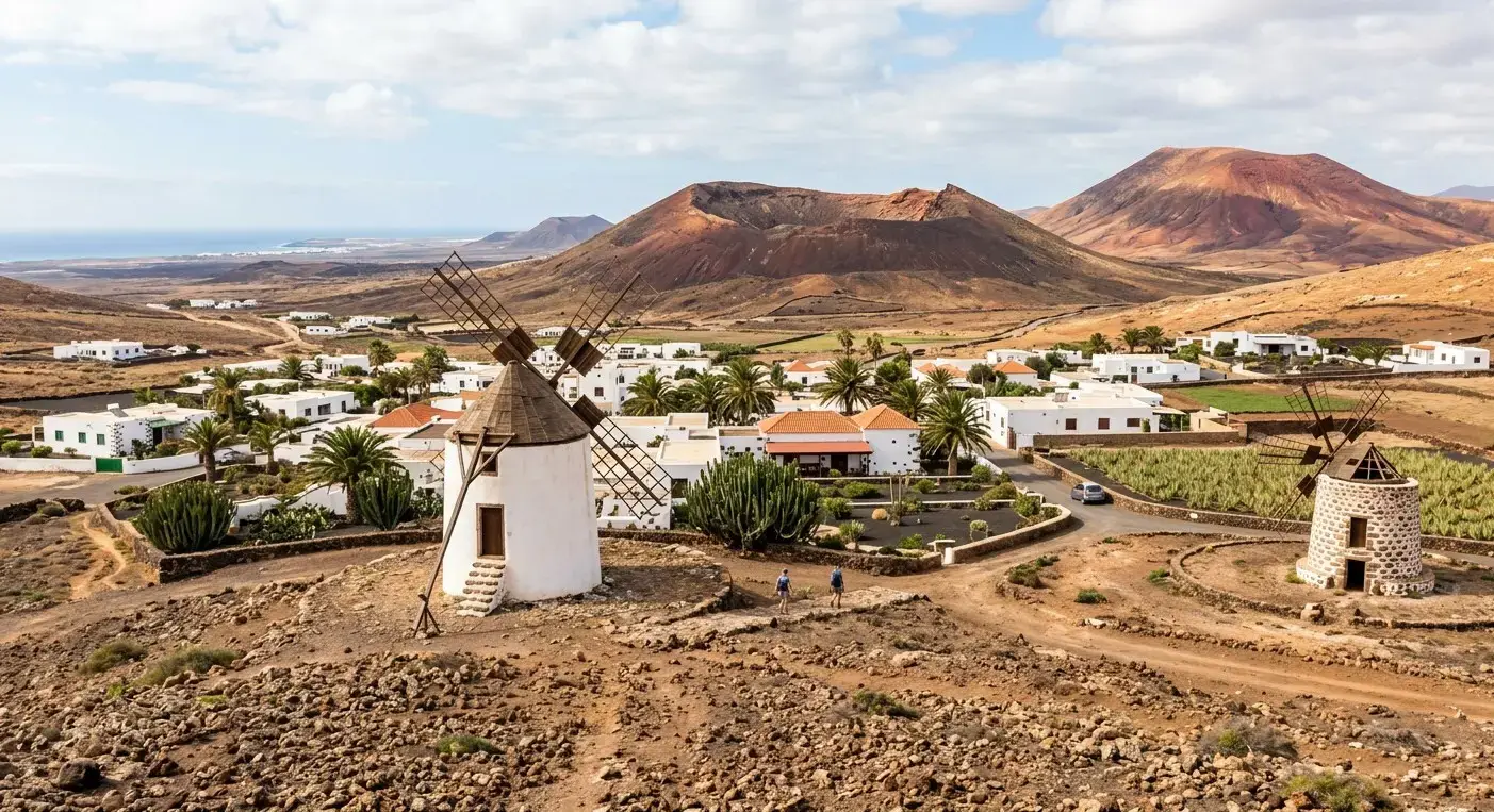 Inland surf village and volcanic landscape of Lajares in Fuerteventura for private taxi airport transfers
