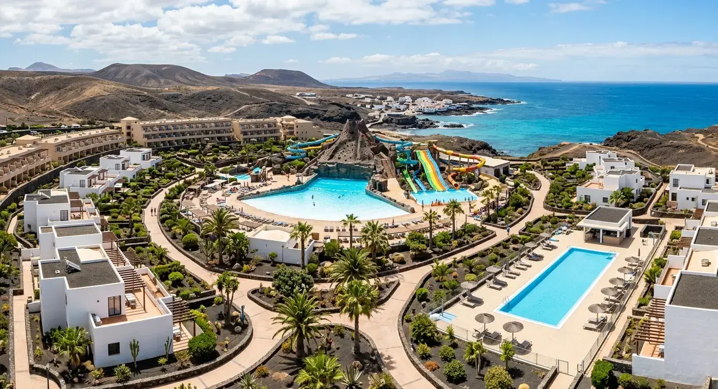 Holiday village villas and waterpark resort area of Origo Mare in northern Fuerteventura for private taxi airport transfers
