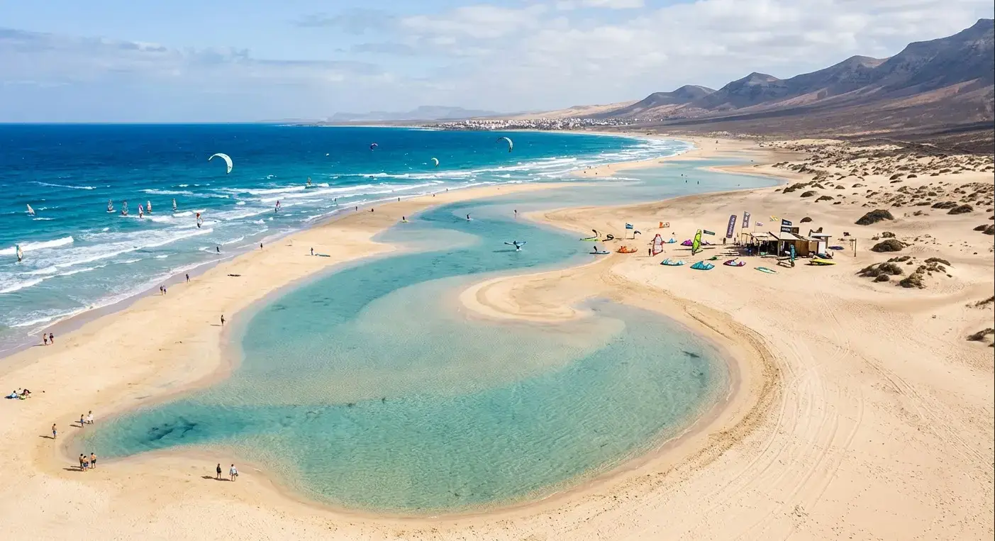 Tidal lagoon and sandy beach of Playa Barca in southern Fuerteventura for private taxi airport transfers