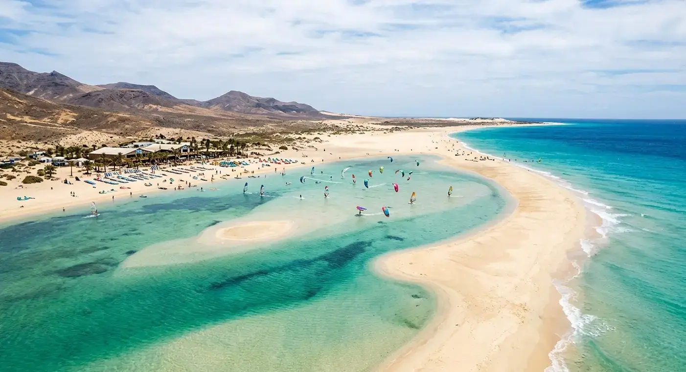 Golden sand beaches and tidal lagoon area of Playa la Barca in Fuerteventura for private taxi airport transfers