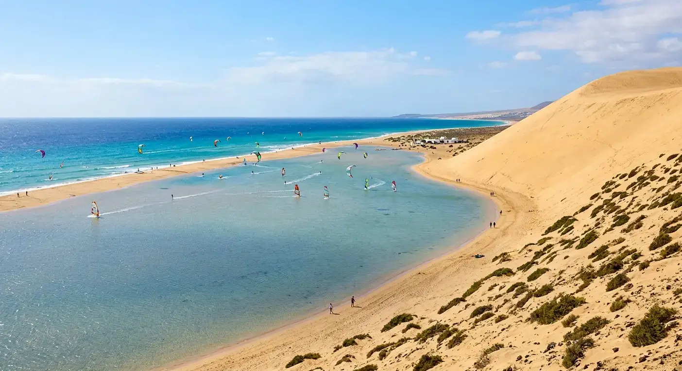 Massive sand dunes and windsurfing beach area of Risco del Paso in Fuerteventura for private taxi airport transfers