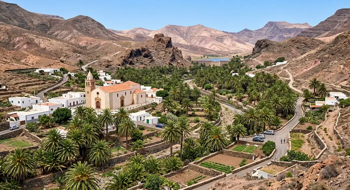 Rural valley oasis and traditional village landscape of Vega de Río Palma in Fuerteventura for private taxi airport transfers