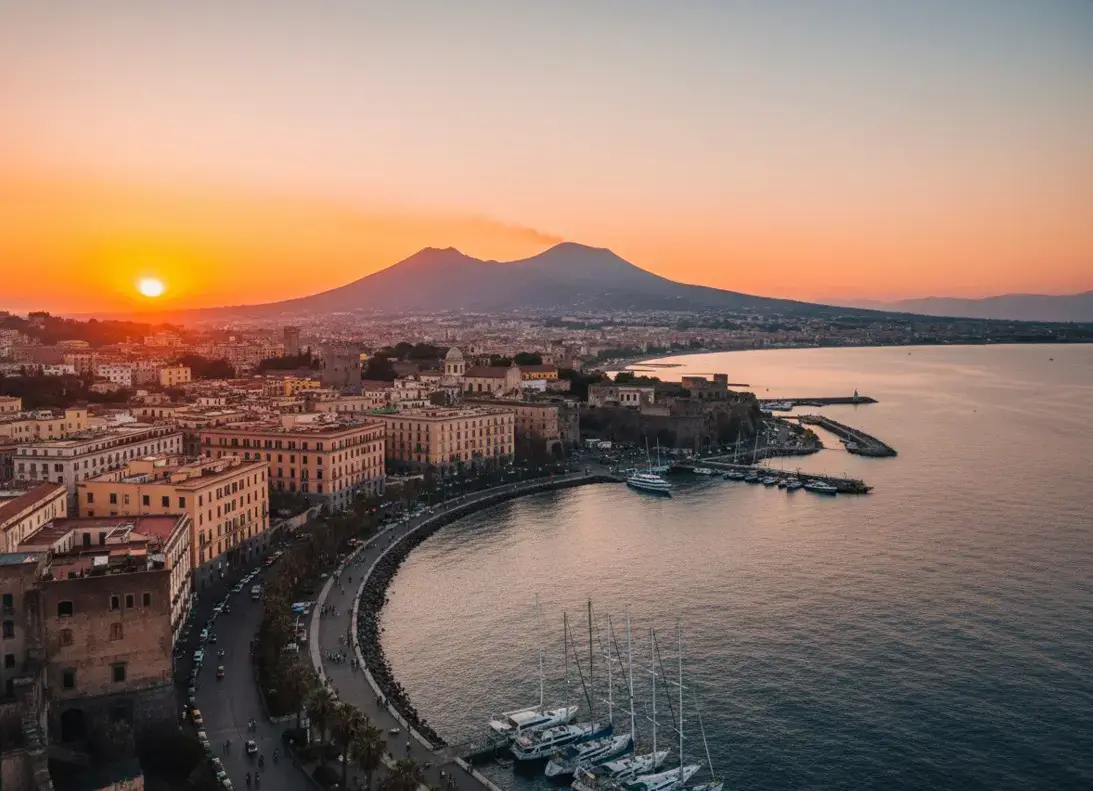 The historic streets of Naples city with Mount Vesuvius visible, a top destination reached via private taxi services from Naples airport.
