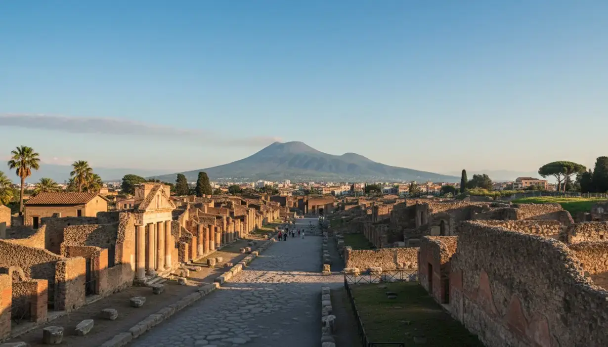 The famous ancient Roman ruins of Pompeii with Mount Vesuvius in the background, easily reached via private taxi services from Naples airport.