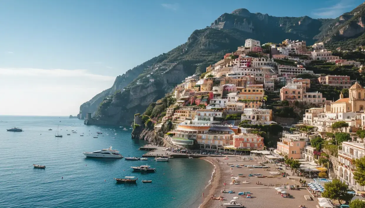 The iconic colorful houses cascading down the cliffs of Positano resort, a world-famous destination reached via private taxi services from Naples airport