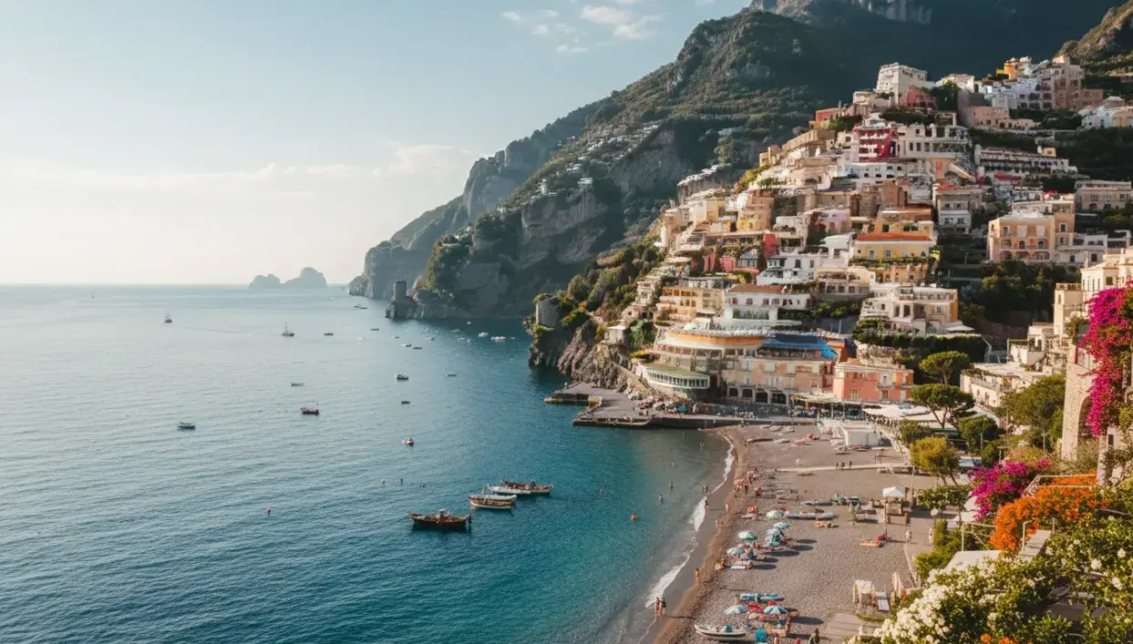 Beautiful scenic views of the coastal cliffs and sea at Praiano resort, a stunning destination reached via private taxi services from Naples airport.
