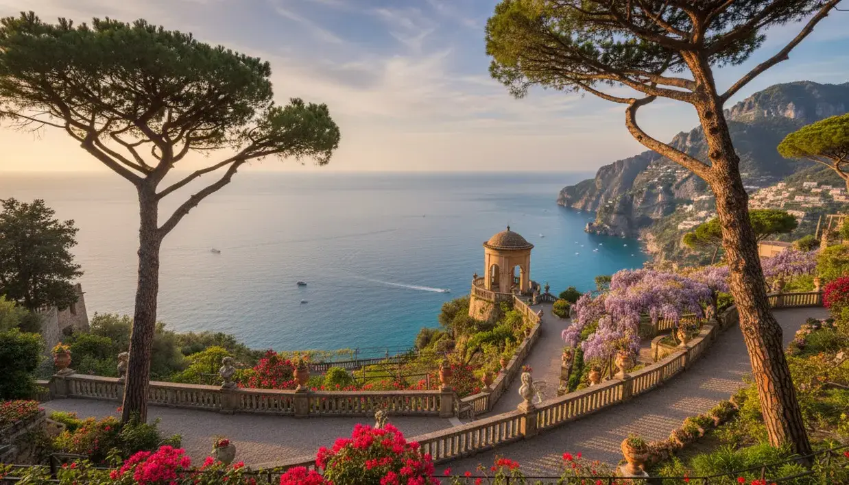 The stunning panoramic sea views from the historic gardens of Ravello resort, a clifftop destination reached via private taxi services from Naples airport.
