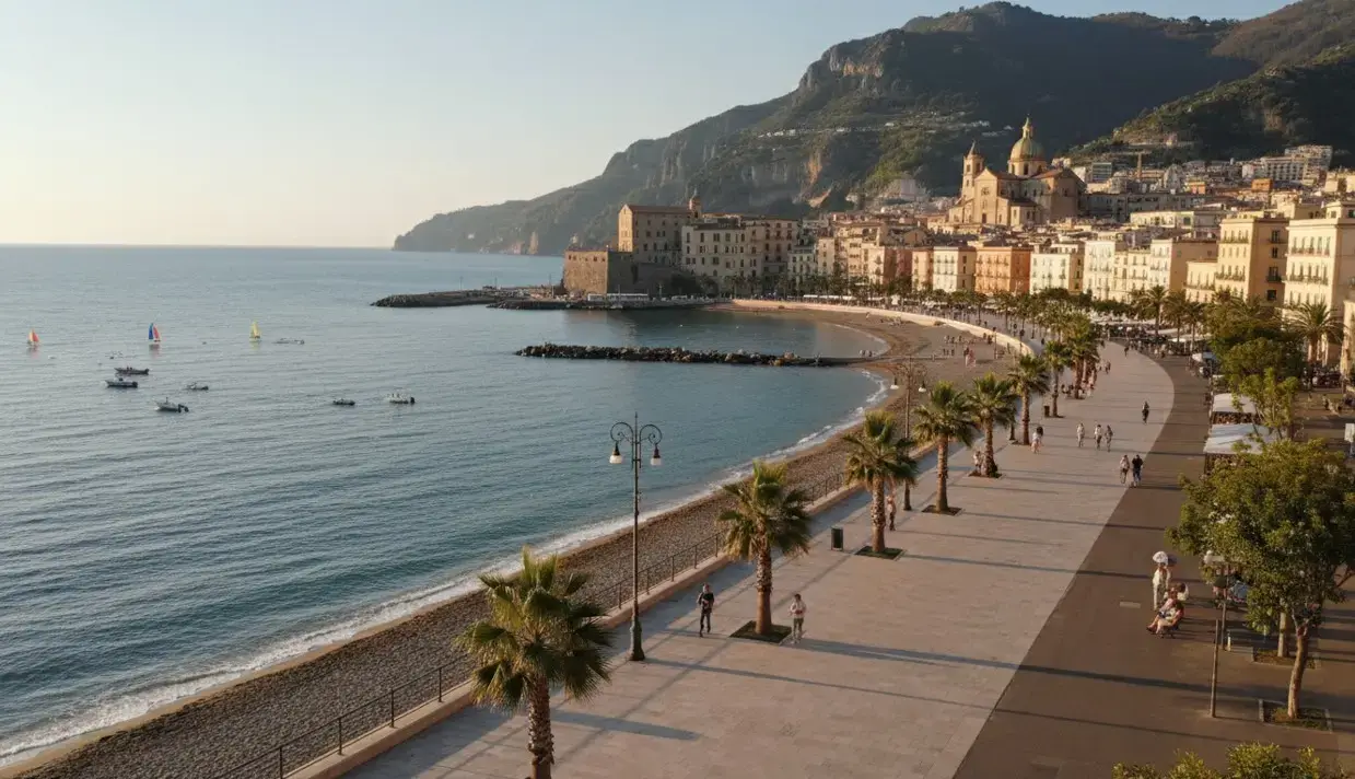 The beautiful seaside promenade and coastline at Salerno resort, a historic gateway destination reached via private taxi services from Naples airport.