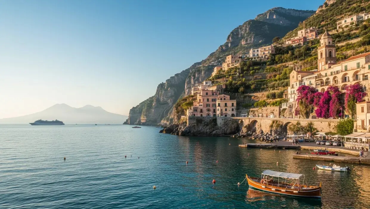 Scenic clifftop views overlooking the sea in Sorrento resort, a highly popular destination reached via private taxi services from Naples airport.