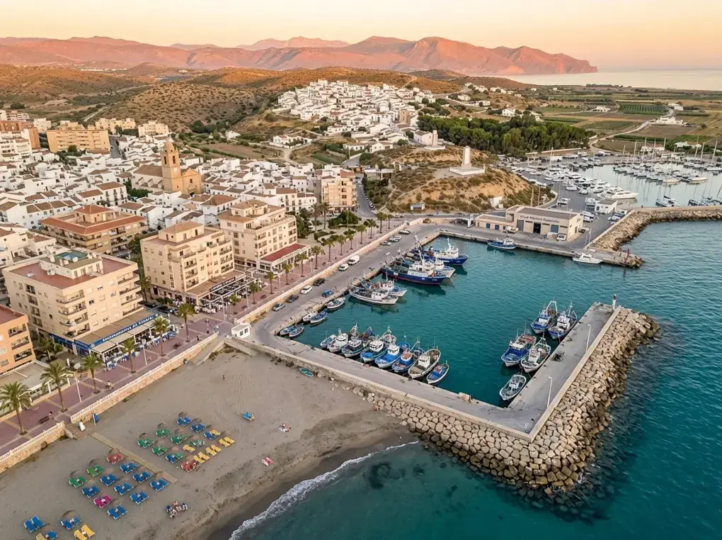 The vibrant marina and sandy beach at Puerto de Mazarron resort, a top destination reached via private taxi services from Alicante airport.