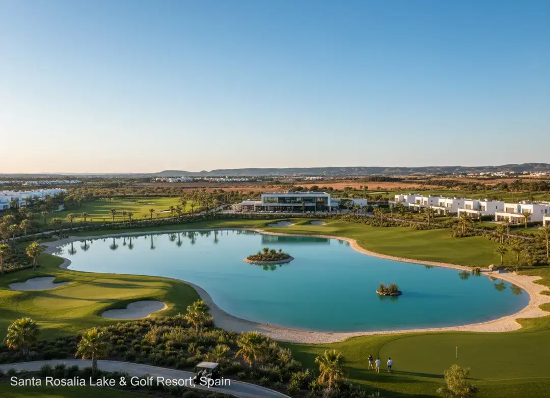 The spectacular crystal lagoon and beaches inside Santa Rosalía Lake and Golf Resort, easily reached via private taxi services from Alicante airport.