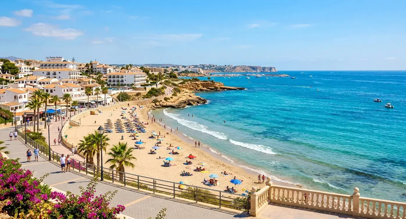 The beautiful sandy beach or shopping plaza at La Zenia resort, a top destination reached via private taxi services from Alicante airport.