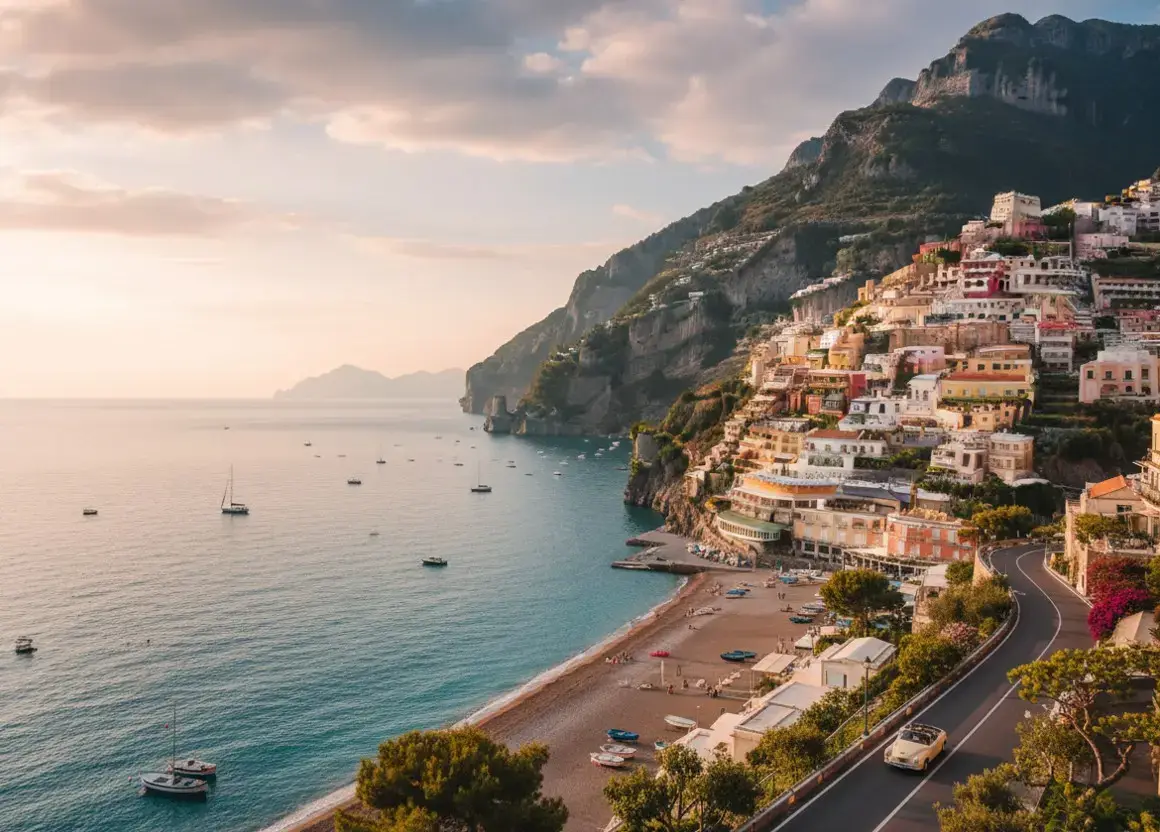 Breathtaking views of the Amalfi Coast cliffside resorts, a world-famous destination serviced by private taxi services from Naples airport.
