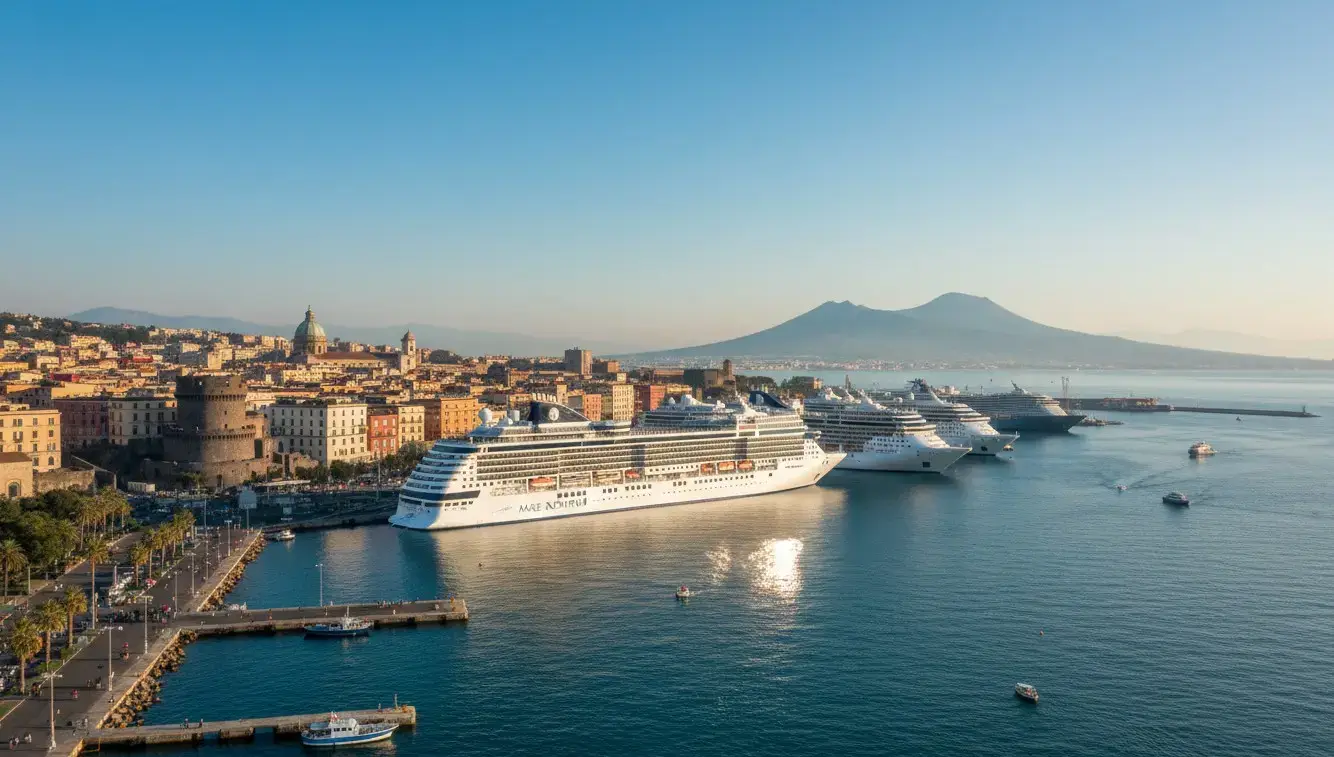Large cruise ships docked at Naples port, a major maritime hub easily accessible via private taxi services from Naples airport.