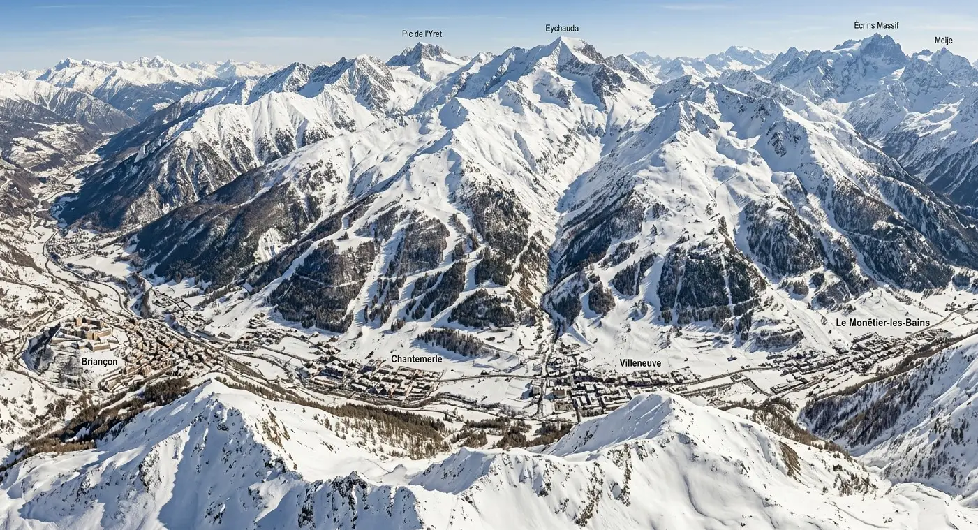 Looking over the ski area of Serre Chevalier ski resorts. To there pre-book a transfer from Turin Airport