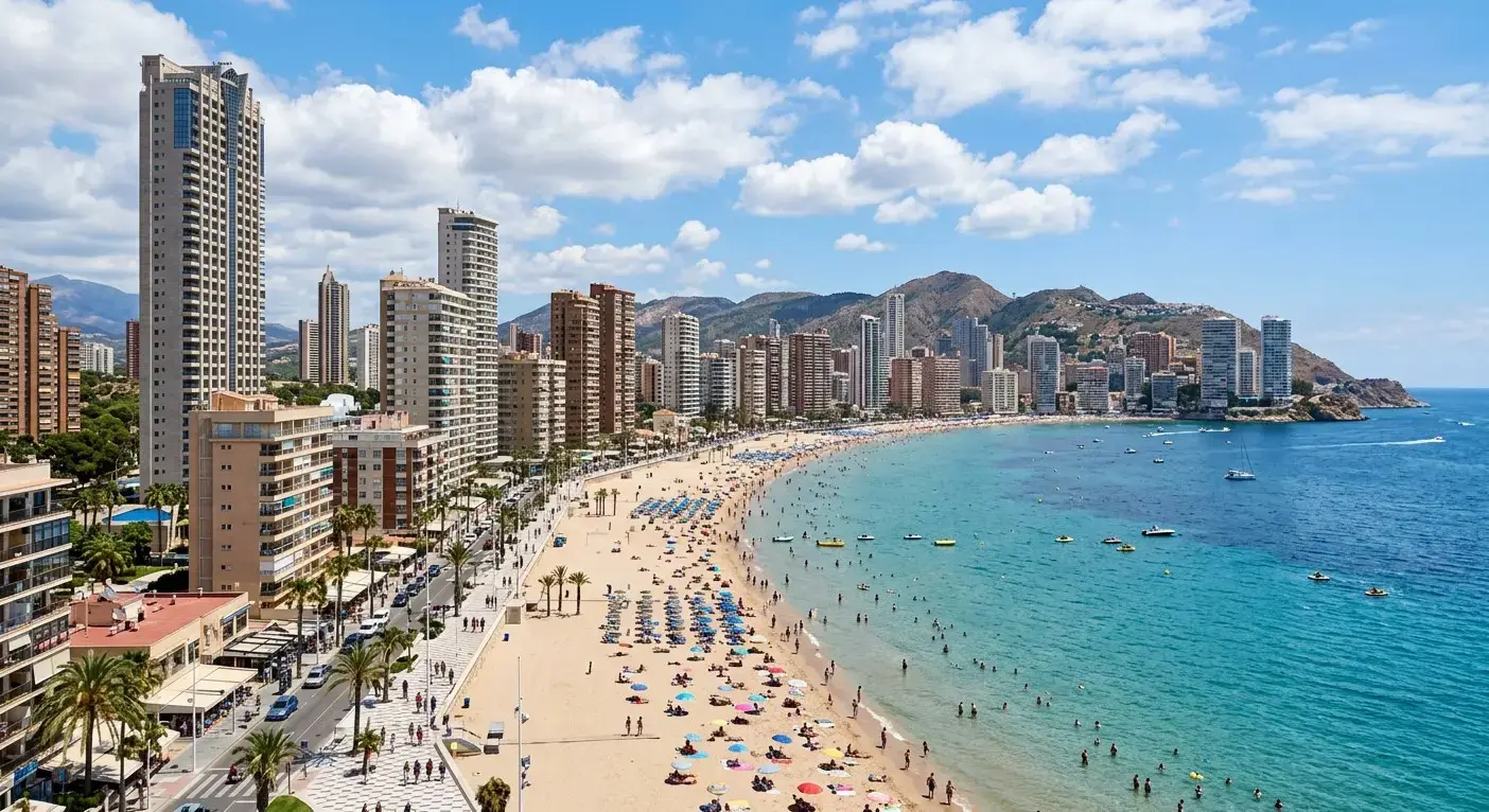 Imposing skyscraper skyline and wide golden sand beaches of the coastal resort of Benidorm for private taxi airport transfers from Valencia Airport by cheap-taxis.com