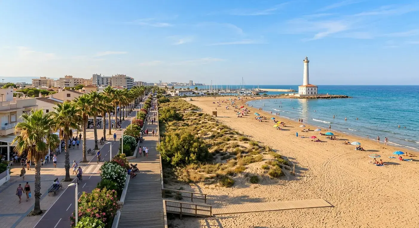 Wide sandy coastline and traditional lighthouse of the coastal resort of Canet de Berenguer for private taxi airport transfers from Valencia Airport by cheap-taxis.com