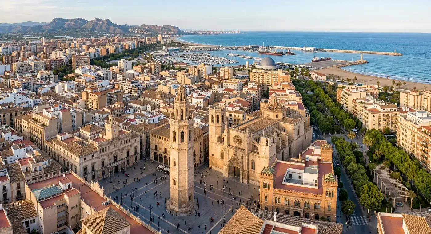 Historic city plazas and scenic Mediterranean coastline of the resort area of Castellón for private taxi airport transfers from Valencia Airport by cheap-taxis.com