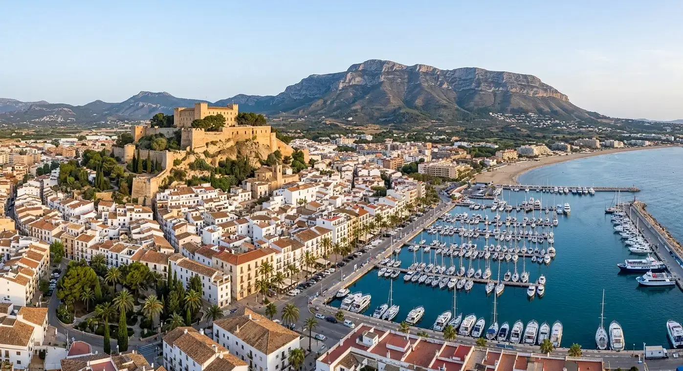 Historic hilltop castle and modern marina of the coastal resort of Dénia for private taxi airport transfers from Valencia Airport by cheap-taxis.com